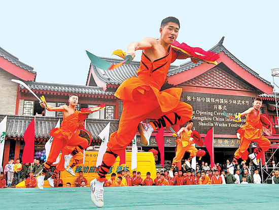 第十届中国郑州国际少林武术节开幕式上少林小子表演精彩的少林功夫