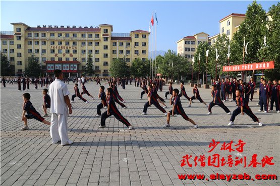 少林武校（少林延鲁武术学校）学员正在训练场上认真学习武术