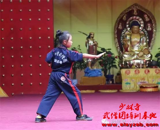 少林武校（少林延鲁武术学校）的小学员正在禅武堂表演武术