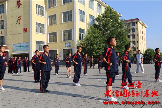 少林武校（少林延鲁武术学校）学员正在室外训练场认真学习少林功夫