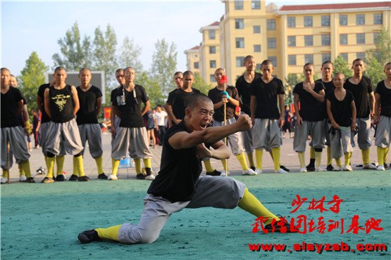 少林武校学员正在进行武术套路演练,少林功夫注重套路中的气势和刚猛之力