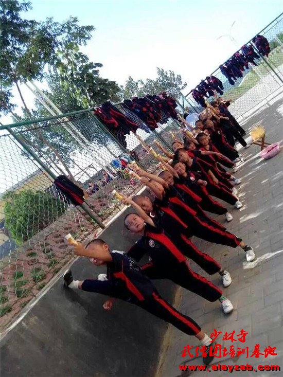 少林寺武校少儿学员正在练习基本功