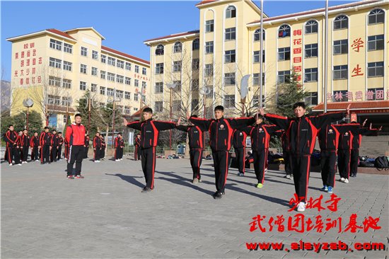 少林武校的学员在学校的练功场上认真练功时好看的场面