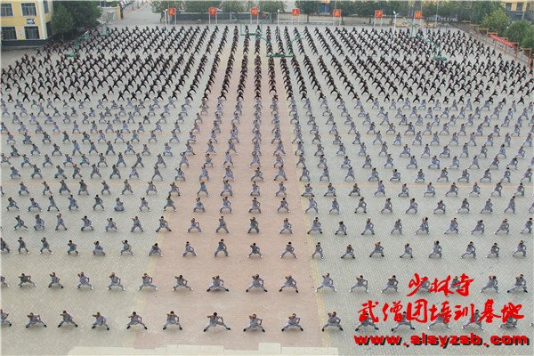 公办的文武学校学生集体练习正宗少林功夫